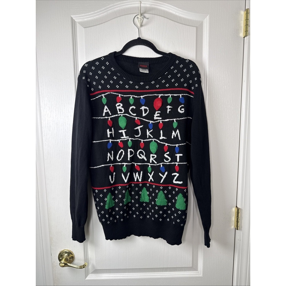 Stranger Things Ugly Christmas Sweater Size L Alphabet Lights Netflix Black